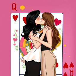 A full-body depiction of two women kissing, set against the backdrop of a Queen of Hearts playing card