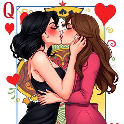 A full-body depiction of two women kissing, set against the backdrop of a Queen of Hearts playing card