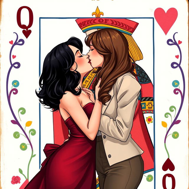 A full-body depiction of two women kissing, set against the backdrop of a Queen of Hearts playing card