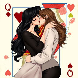 A full-body depiction of two women kissing, set against the backdrop of a Queen of Hearts playing card