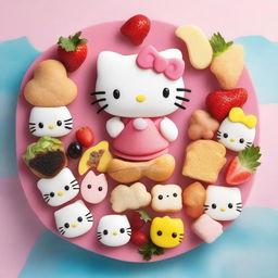 A high-quality image of a food platter inspired by Hello Kitty and her friends