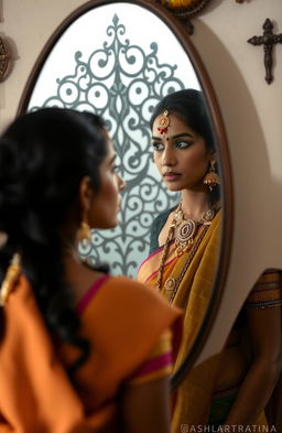 A simple yet strong Marathi warrior woman gazing thoughtfully into a mirror, adorned in traditional Marathi attire featuring a vibrant saree and ornate jewelry
