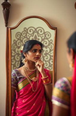 A simple yet strong Marathi warrior woman gazing thoughtfully into a mirror, adorned in traditional Marathi attire featuring a vibrant saree and ornate jewelry