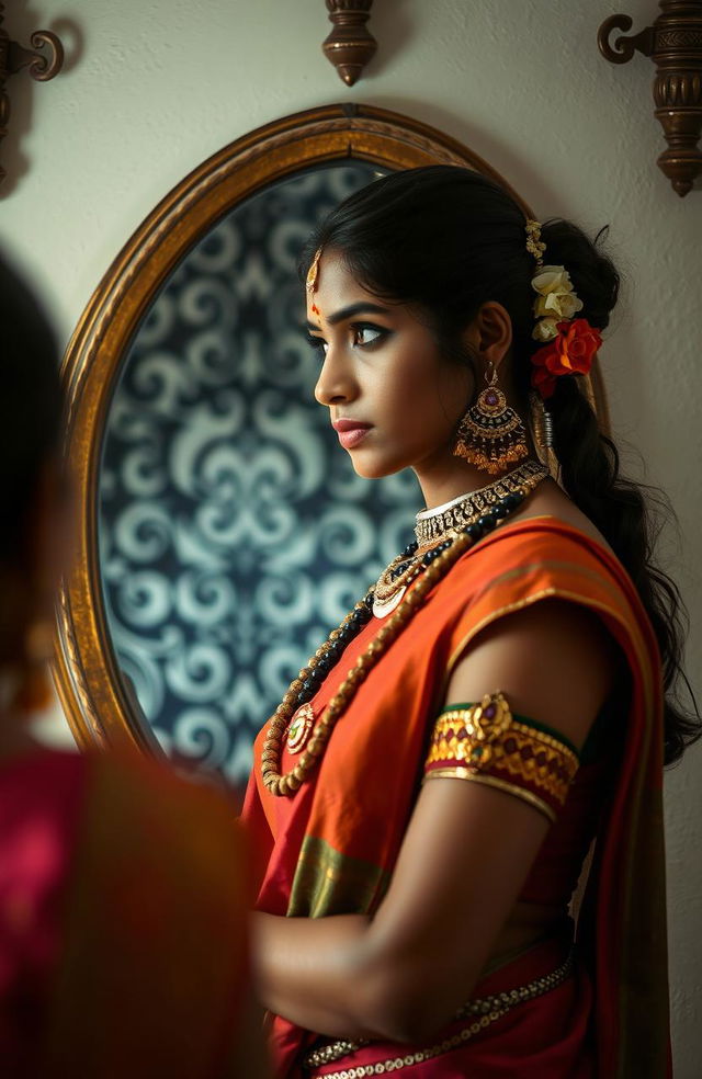 A simple yet strong Marathi warrior woman gazing thoughtfully into a mirror, adorned in traditional Marathi attire featuring a vibrant saree and ornate jewelry