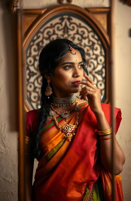 A simple yet strong Marathi warrior woman gazing thoughtfully into a mirror, adorned in traditional Marathi attire featuring a vibrant saree and ornate jewelry