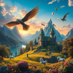 An enchanting fantasy world brimming with lush, verdant forests, towering crystalline mountains, and pristine lakes reflecting a vivid sky at sunset