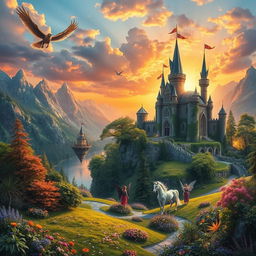 An enchanting fantasy world brimming with lush, verdant forests, towering crystalline mountains, and pristine lakes reflecting a vivid sky at sunset