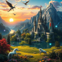 An enchanting fantasy world brimming with lush, verdant forests, towering crystalline mountains, and pristine lakes reflecting a vivid sky at sunset