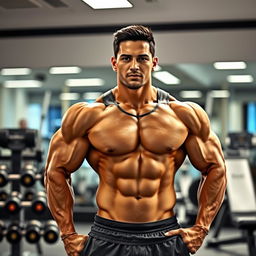 A muscular man standing confidently in a modern gym environment