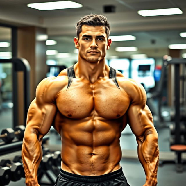 A muscular man standing confidently in a modern gym environment