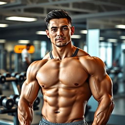 A muscular man standing confidently in a modern gym environment