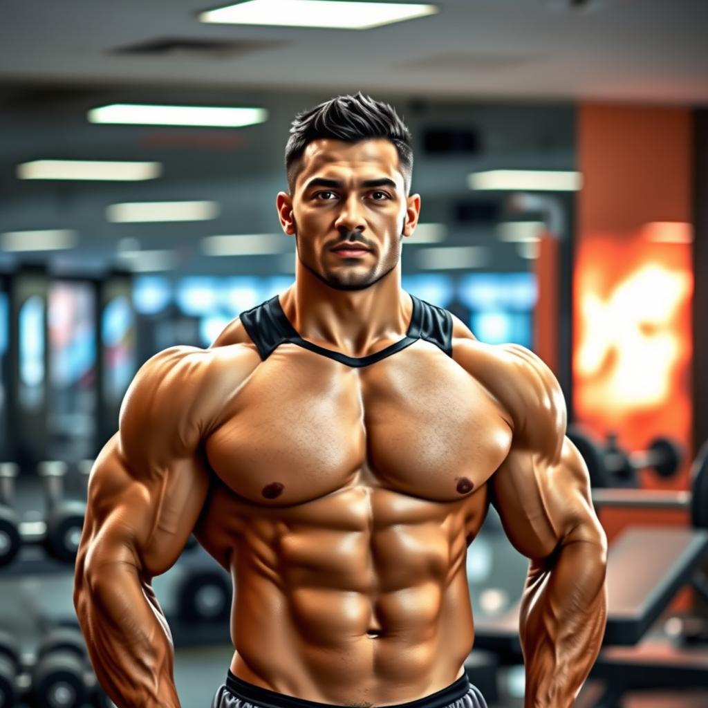 A muscular man standing confidently in a modern gym environment