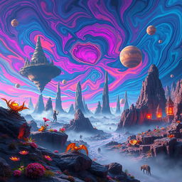 An otherworldly dimension showcasing a surreal landscape with bizarre rock formations and vibrant colors that defy earthly logic