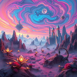 An otherworldly dimension showcasing a surreal landscape with bizarre rock formations and vibrant colors that defy earthly logic