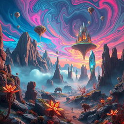 An otherworldly dimension showcasing a surreal landscape with bizarre rock formations and vibrant colors that defy earthly logic