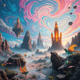 An otherworldly dimension showcasing a surreal landscape with bizarre rock formations and vibrant colors that defy earthly logic