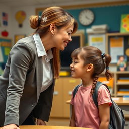 A sensitive portrayal of a female teacher leaning down to kiss her female student on the forehead in a classroom setting