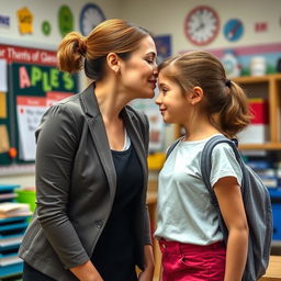 A sensitive portrayal of a female teacher leaning down to kiss her female student on the forehead in a classroom setting