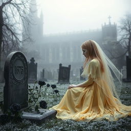 A mystical scene depicting Bristol Cathedral in the background, enveloped in frosty fog