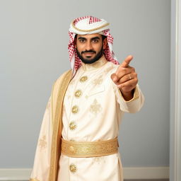 A handsome and strong Arab man in a traditional wedding outfit, striking a confident pose as he points with his finger