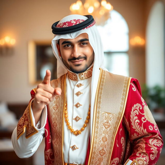 A handsome and strong Arab man in a traditional wedding outfit, striking a confident pose as he points with his finger