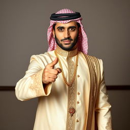 A handsome and strong Arab man in a traditional wedding outfit, striking a confident pose as he points with his finger