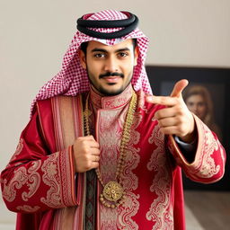 A handsome and strong Arab man in a traditional wedding outfit, striking a confident pose as he points with his finger