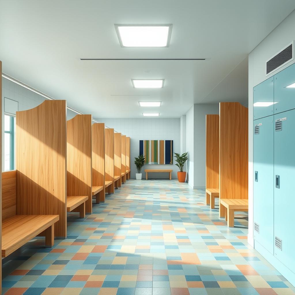 Design of a modern and spacious public swimming pool changing room