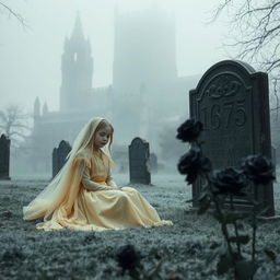 A hauntingly beautiful scene of Bristol Cathedral looming in the background, shrouded in frosty fog