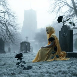 A hauntingly beautiful scene of Bristol Cathedral looming in the background, shrouded in frosty fog