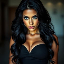 A captivating portrait of a sexy, dominant woman with long, wavy jet black hair and striking blue eyes