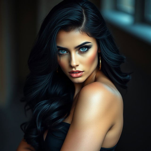 A captivating portrait of a sexy, dominant woman with long, wavy jet black hair and striking blue eyes