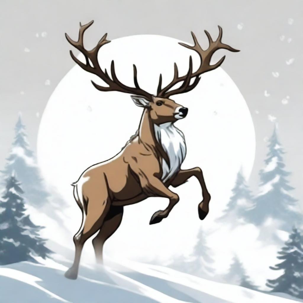 A high-quality, manga-style digital art image featuring a majestic, full-bodied male reindeer with a large, imposing antler, leaping in mid-air