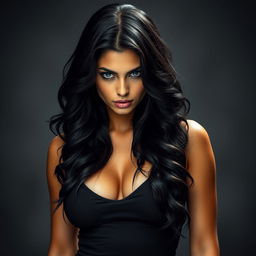 A captivating portrait of a sexy, dominant woman with long, wavy jet black hair and striking blue eyes