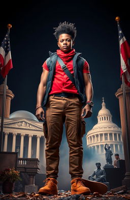 A powerful representation of resilience and strength, featuring a strong individual standing tall amidst a backdrop of historical elements symbolizing freedom and empowerment