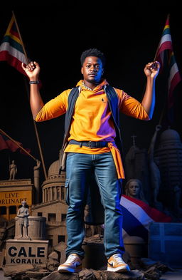 A powerful representation of resilience and strength, featuring a strong individual standing tall amidst a backdrop of historical elements symbolizing freedom and empowerment