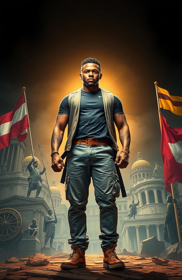 A powerful representation of resilience and strength, featuring a strong individual standing tall amidst a backdrop of historical elements symbolizing freedom and empowerment