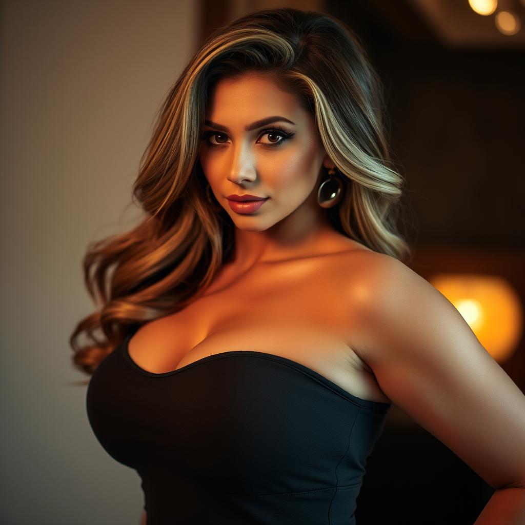 A sensual and alluring portrait of an attractive woman with voluptuous curves, confidently posing while wearing a form-fitting top that accentuates her figure