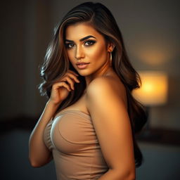 A sensual and alluring portrait of an attractive woman with voluptuous curves, confidently posing while wearing a form-fitting top that accentuates her figure