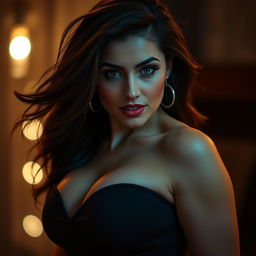 A sensual and alluring portrait of an attractive woman with voluptuous curves, confidently posing while wearing a form-fitting top that accentuates her figure