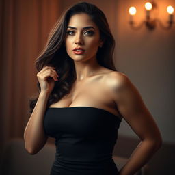 A sensual and alluring portrait of an attractive woman with voluptuous curves, confidently posing while wearing a form-fitting top that accentuates her figure