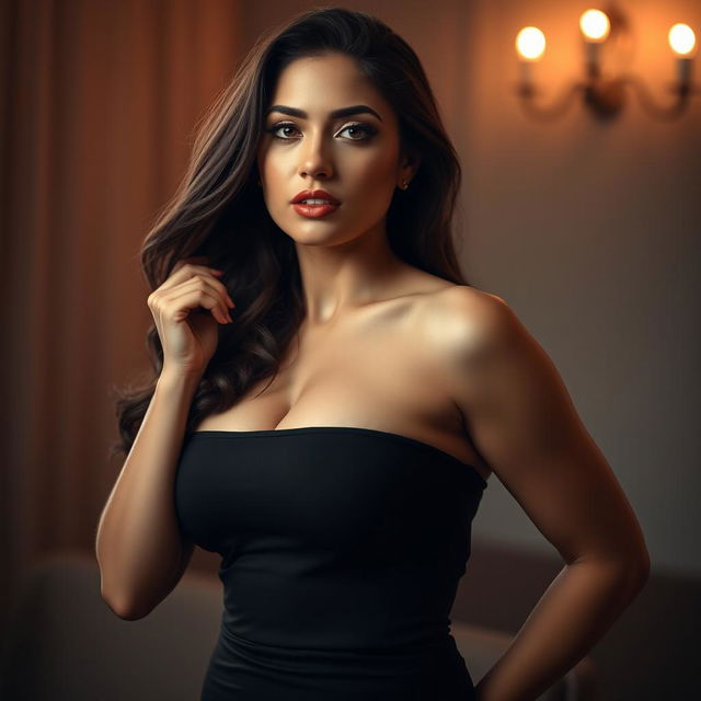 A sensual and alluring portrait of an attractive woman with voluptuous curves, confidently posing while wearing a form-fitting top that accentuates her figure