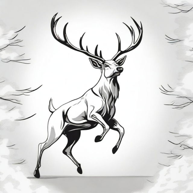 A high-quality, manga-style digital art image featuring a majestic, full-bodied male reindeer with a large, imposing antler, leaping in mid-air