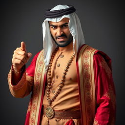 A handsome and strong Arab man in a traditional wedding outfit, positioned in a full-body, slightly turned stance