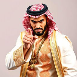A handsome and strong Arab man in a traditional wedding outfit, positioned in a full-body, slightly turned stance