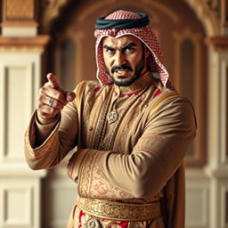 A handsome and strong Arab man in a traditional wedding outfit, positioned in a full-body, slightly turned stance