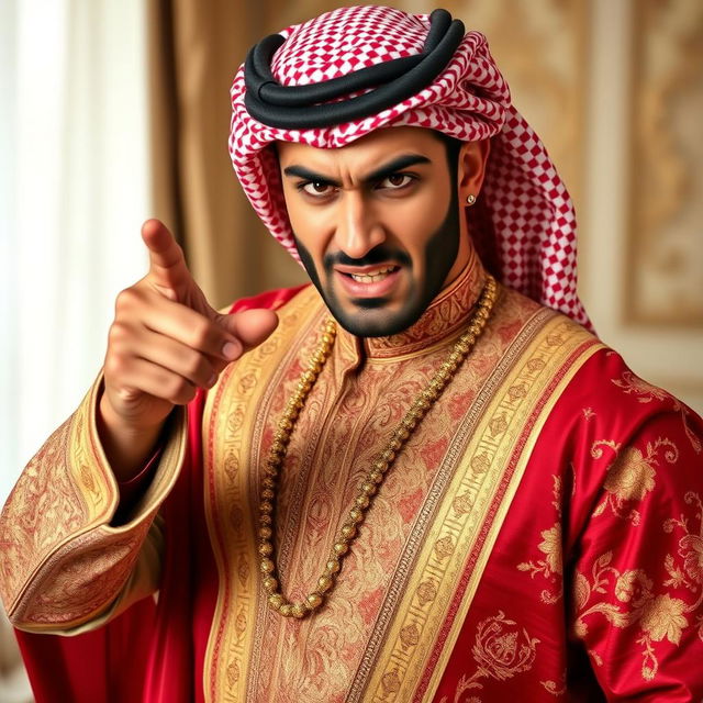 A handsome and strong Arab man in a traditional wedding outfit, positioned in a full-body, slightly turned stance