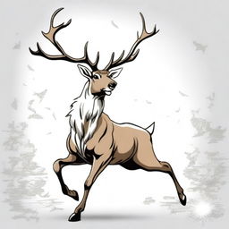 A high-quality, manga-style digital art image featuring a majestic, full-bodied male reindeer with a large, imposing antler, leaping in mid-air