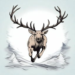 A high-quality, manga-style digital art image featuring a majestic, full-bodied male reindeer with a large, imposing antler, leaping in mid-air