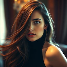 A stunning high-fashion editorial portrait of a beautiful brunette woman with long flowing hair, inspired by the elegance of high-end photography